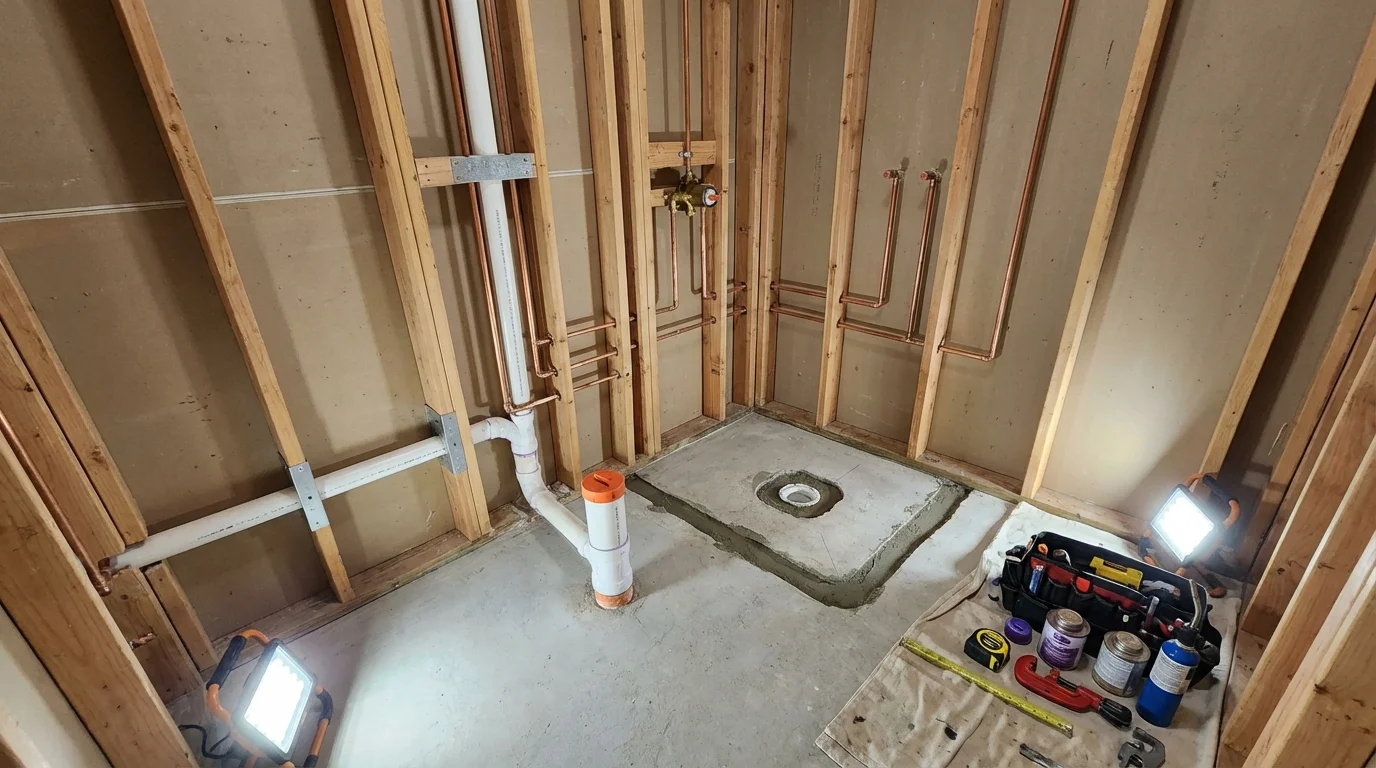 Bathroom rough-in plumbing during remodel by Johns Plumbing LLC in Ponder