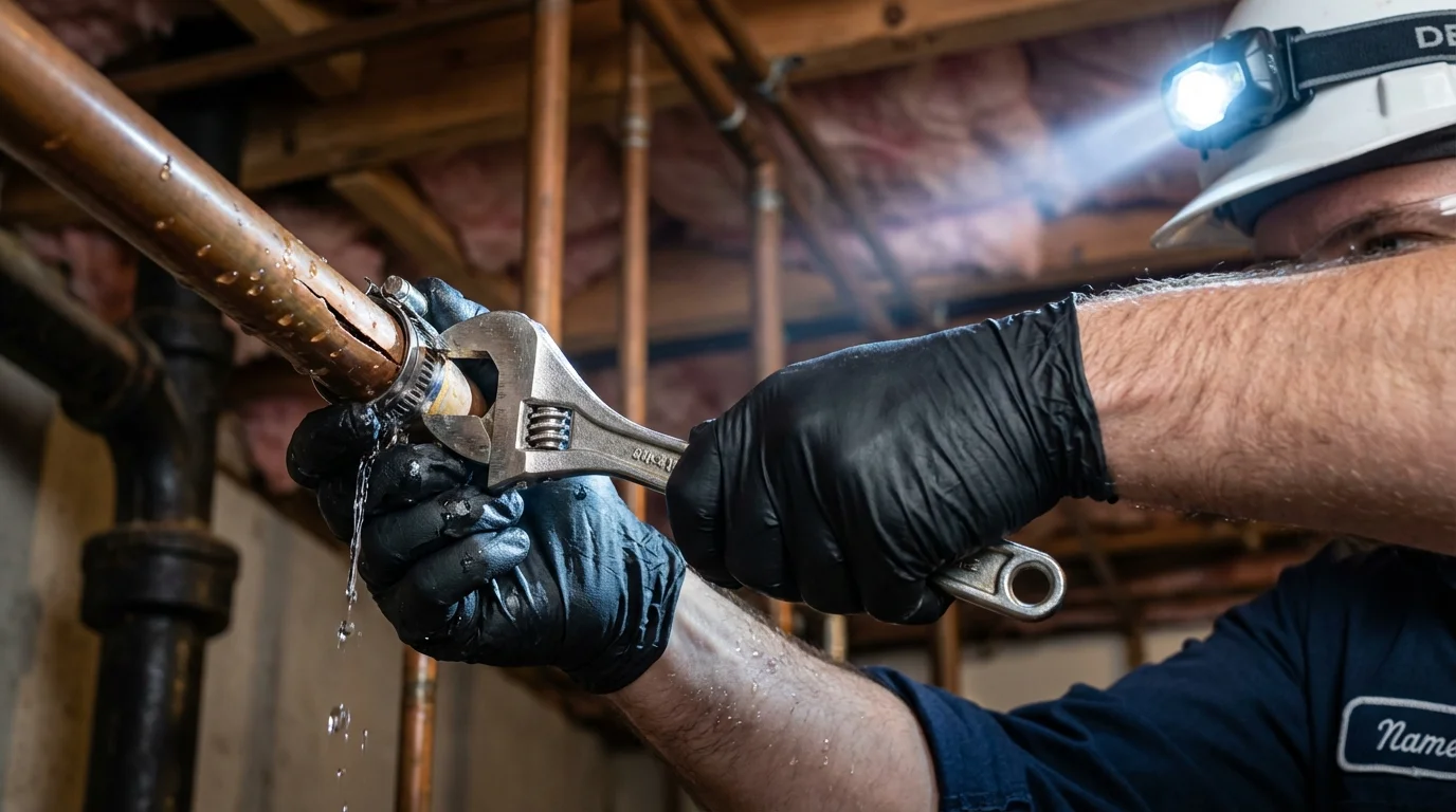 Emergency pipe clamp repair being performed by a Johns Plumbing LLC plumber in Ponder
