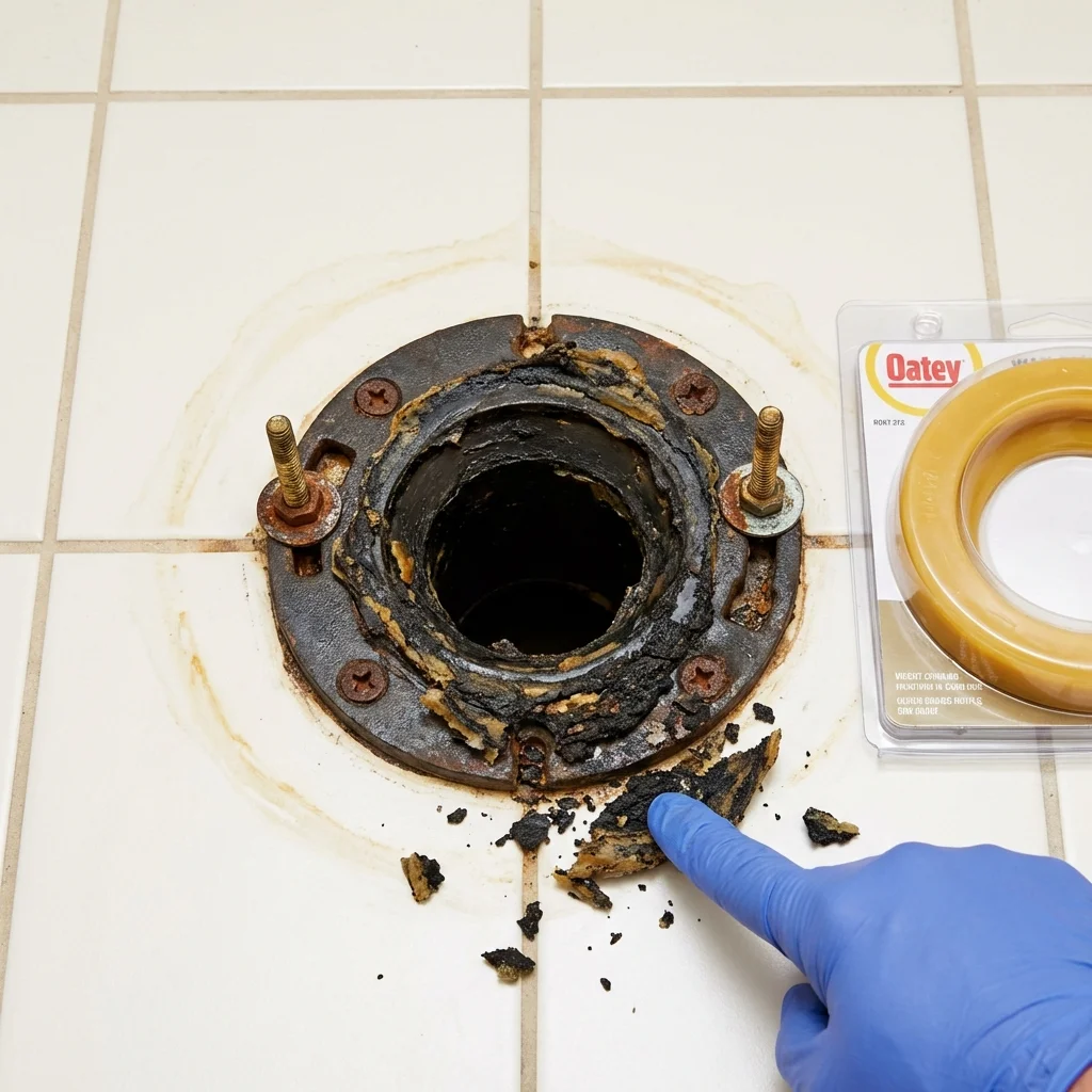 Failed wax ring showing water seepage at the base of a toilet in a Ponder, TX home