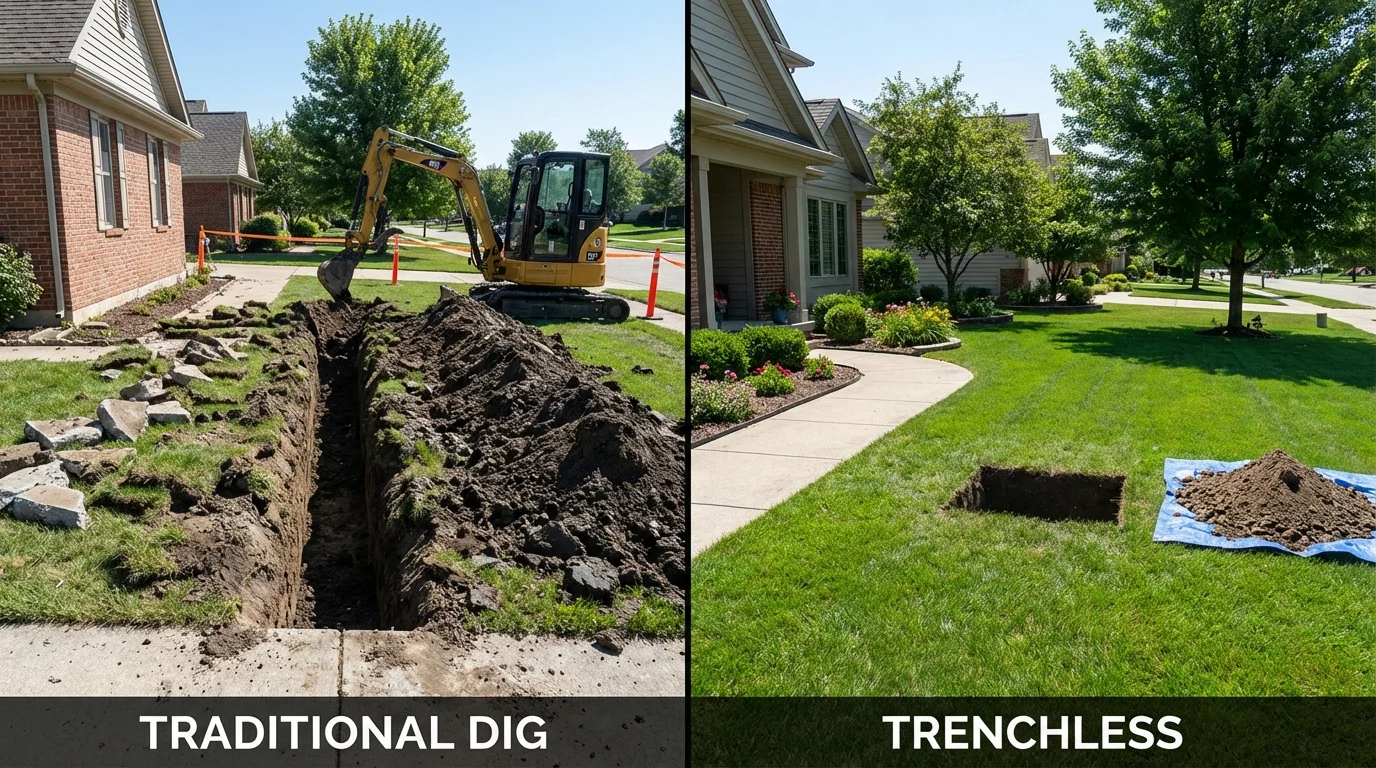 Trenchless sewer repair with minimal yard damage versus traditional excavation in Ponder, TX