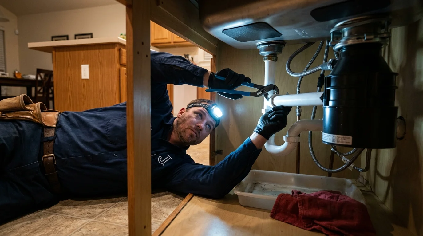 P-trap and supply line connections under a kitchen sink showing a common leak point in Ponder, TX